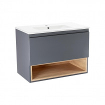 Купить Комплект Qtap Robin 800х580х437 Graphite/Whitish oak тумба подвесная + раковина врезная QT1372TPВ8002GWO
